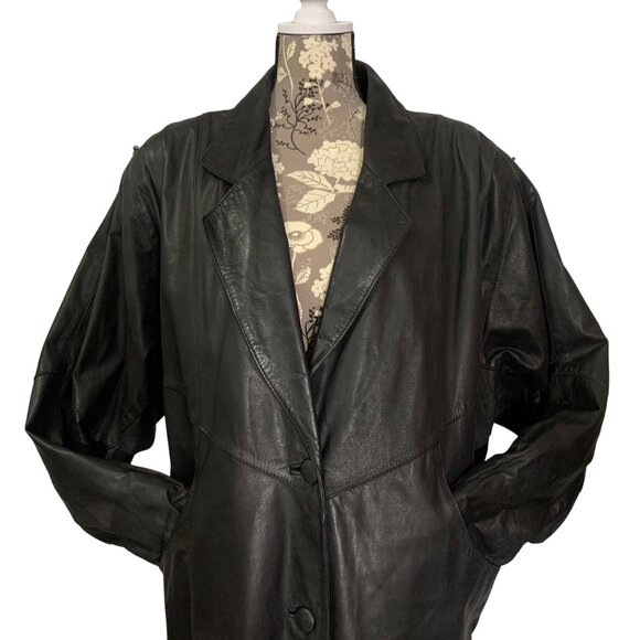 Vintage 1980s Black Leather Trench Coat Duster Womens Size Large By G3, GIII - Picture 2 of 11